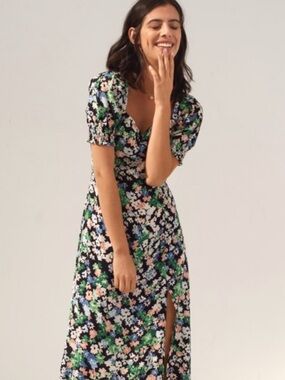 H&M Black Floral Midi Cottagecore Garden Midi Dress w/ Puff Sleeves & Side Slit